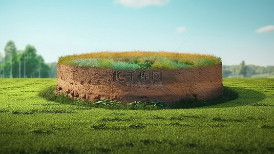 土壤绿背景图片_绿草圈平台 3d 渲染蓝天下土壤和草地的横截面