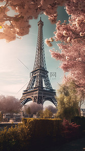 黑白剪影背景背景图片_埃菲尔铁塔鲜花景点背景