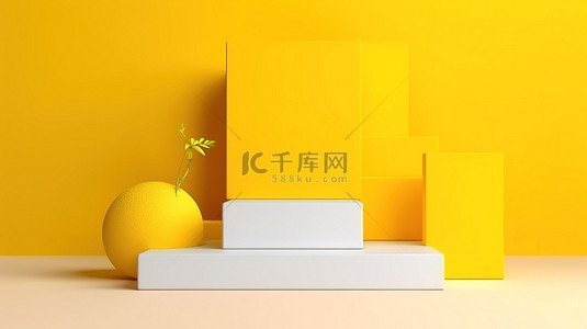 黄色方形背景背景图片_简约的 3D 展台，带有亮黄色讲台和方形背景，用于产品展示
