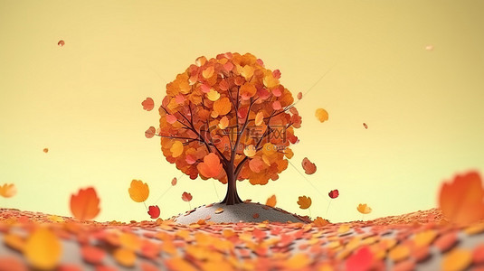 3d 渲染卡通背景与秋天的树木和树叶