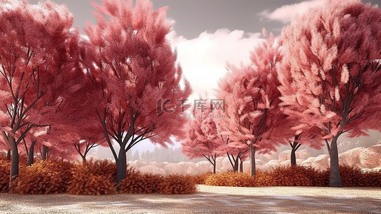 秋叶中树木和灌木背景的 3D 渲染插图