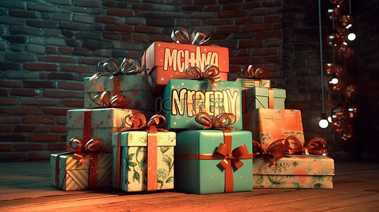 节日字样背景图片_带有“新年”和“圣诞快乐”字样的节日礼品盒的 3D 插图