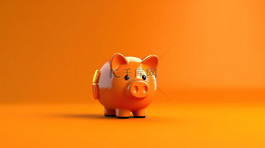 代表储蓄金融和经济概念的橙色存钱罐的 3D 插图