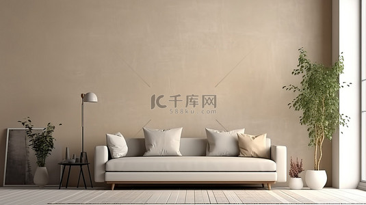 米色沙发背景图片_客厅墙壁设计的 3D 渲染，配有灰色沙发和米色背景装饰