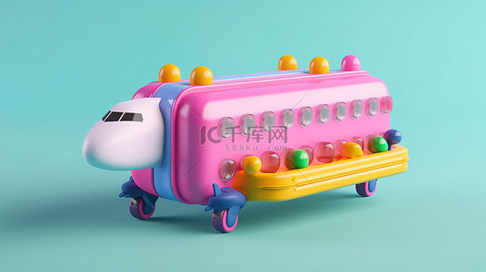 背景机场背景图片_喷气式飞机设置有趣的充满活力的聚碳酸酯手提箱，配有玩具飞机，非常适合粉红色背景上的航空旅行 3D 渲染