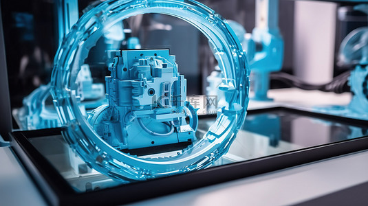 使用现代技术以蓝灰色调在反射镜表面打印孤立物体的 3D 打印机的特写视图