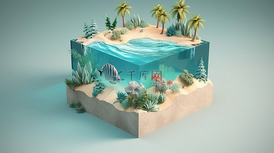 立方体海滩的孤立 3D 插图，有水沙棕榈树和鱼