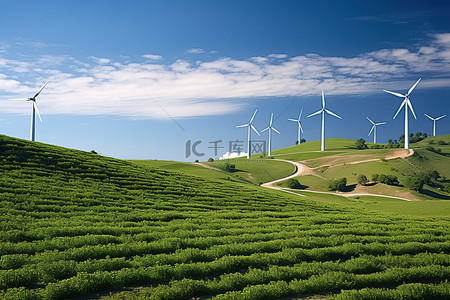 农业风车背景图片_有风的山坡，远处有风车