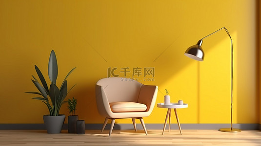 现代室内装饰，配有 3D 样机海报黄色墙壁木地板椅子和灯