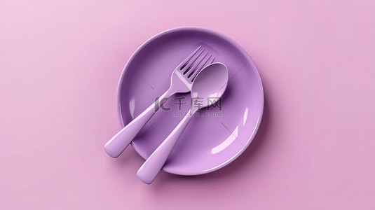 极简紫色场景 3D 渲染空白盘子勺子和叉子