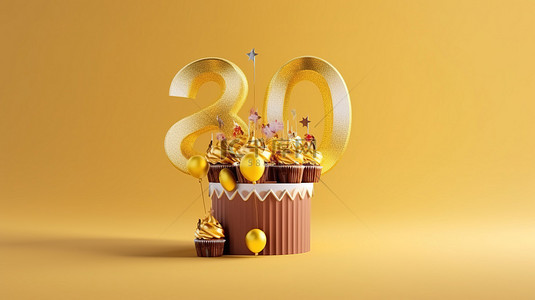 闪闪发光的 40 岁生日纸杯蛋糕，配有气球，并呈现令人惊叹的 3D 渲染