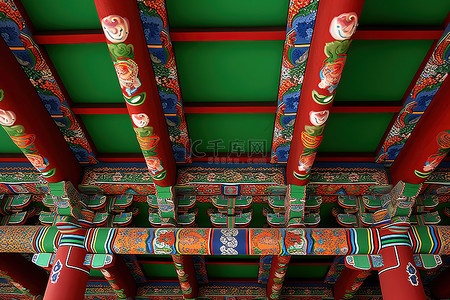 长城竖图背景图片_韩国宗教建筑内色彩鲜艳的天花板