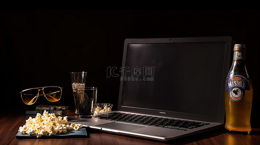 从上面看，用科技笔记本电脑爆米花碗和棕色背景啤酒的 3D 眼镜放松身心