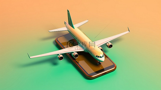 3D 风格的旅行搜索应用横幅，其中包含一部电话和一架飞机从其中飞出