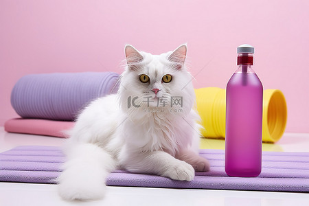 可爱瓶瓶背景图片_白猫，手里拿着一瓶水和重物，坐在垫子上的垫子旁边