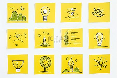 太阳能环保背景图片_黄纸上的一些纸涂鸦，还有一些绿灯和一座灯塔