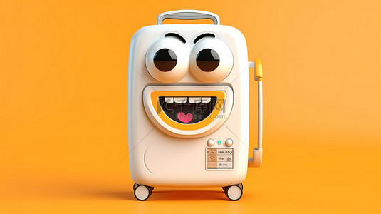 黄色背景上带有橙色手提箱的白色洗衣机吉祥物的 3D 渲染