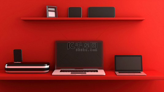 科技手红色背景图片_水平背景上装饰有笔记本电脑手机和平板电脑 3D 插图的红色架子