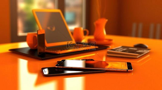 移动办公背景图片_充满活力的办公桌智能手机和平板电脑 3D 渲染上的科技小工具