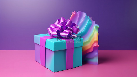充满活力的 3D 渲染多色礼品盒，紫色背景上有蝴蝶结
