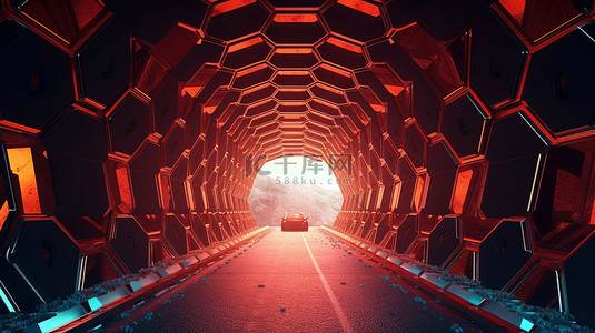 蓝色方块背景背景图片_闪烁的六边形照亮了隧道 3D 渲染中的交通