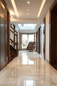 楼梯拐角背景图片_通往楼梯的大理石瓷砖走廊