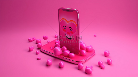 卡通的爱背景图片_粉红色背景中漂浮在 3D 智能手机上方的爱图释