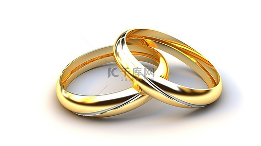 3d 渲染的金色结婚戒指象征着白色背景下的团结
