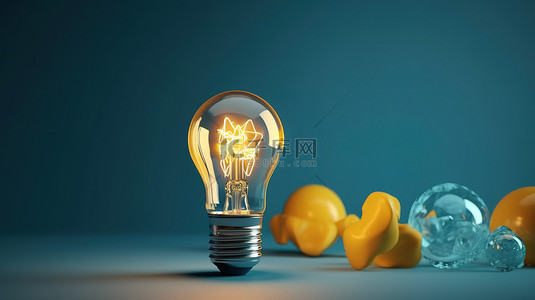 加载中gif动图背景图片_蓝色背景上黄色灯泡的简约 3D 渲染代表商业创造力和想法加载