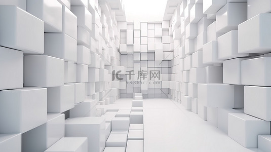 艺术背景设计，以未来主义 3D 渲染的白色方形和圆形立方体盒子堆叠在墙壁和地板上