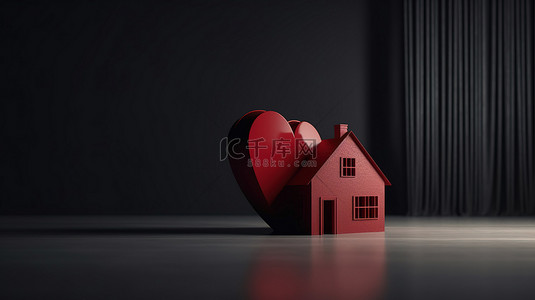 红色心形背景图片_家庭安全 3D 渲染一个红色心形物体，在灰色背景的房子形框架中，说明隔离期间在家工作