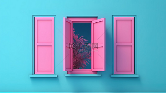 在 3D 渲染中描绘的充满活力的粉红色窗口，并靠在蓝色墙壁上