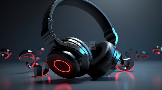 音乐黑色海报背景图片_黑色耳机和问号的 3D 渲染插图