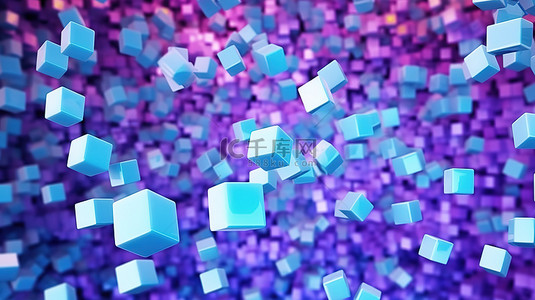 正方形几何背景图片_一群立方鸟在蓝色和紫色的抽象艺术渲染 3D 图像中翱翔