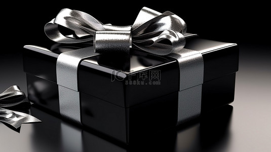 3d 黑色礼物盒，饰有银丝带和蝴蝶结