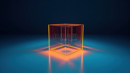 信息点亮背景图片_蓝色背景上霓虹灯点亮的橙色立方体，一个简单的 3d 几何图形