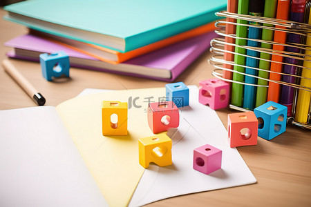 骰子背景图片_桌子上的书和铅笔旁边的彩色形状和字母