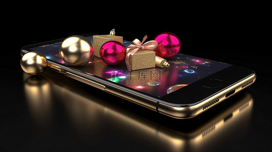 圣诞装饰品装饰着 3D 渲染的移动智能手机，在喜庆的新年背景下