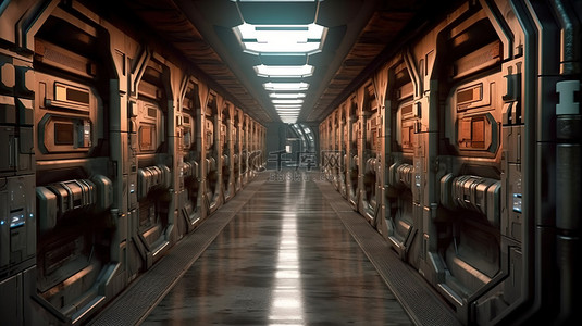旧宇宙飞船环境中真实科幻走廊的 3D 渲染