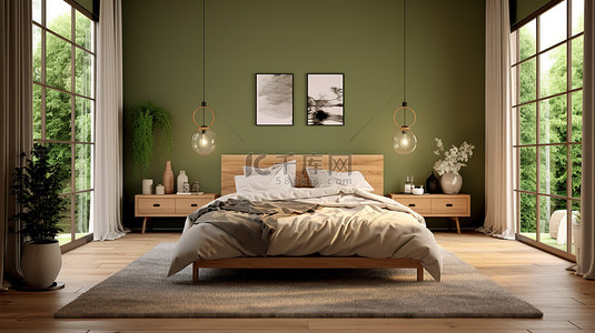 融合色背景图片_别致的融合卧室橄榄色墙壁宽大的窗户和木制家具，呈现出 3D 渲染的杰作