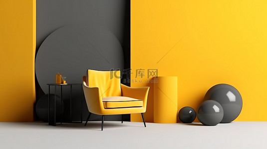 简约灰色家居背景图片_灰色工作室中的简约几何形状，讲台平台上有时尚的黄色扶手椅 3D 渲染