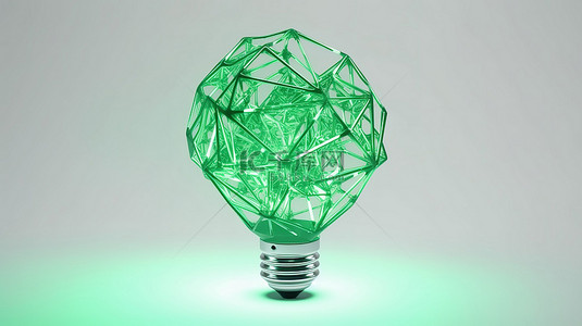 绿色灯泡背景图片_白色背景上几何多边形丛式 3d 渲染的绿色灯泡