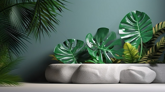 热带树叶植物背景图片_现代时尚的摇滚舞台与郁郁葱葱的绿色热带树叶 3D 可视化