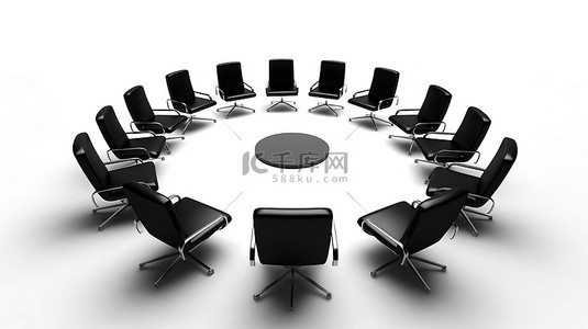 企业聚会 CEO 座位，周围环绕着白色空间 3D 概念化的椅子