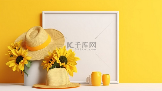 冲浪岛屿背景图片_3D 渲染黄色背景夏季横幅设计与相框样机