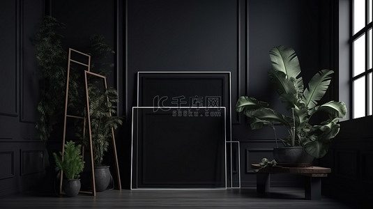 带 3D 渲染画框的黑色房间被灯光照亮，室内植物是模型的理想选择