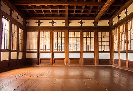 一间亚洲韩式房间的内部，铺有木地板，门敞开