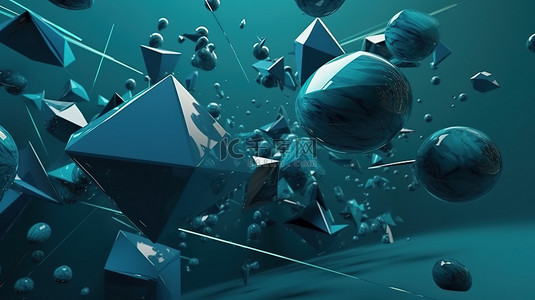金融几何背景图片_未来派蓝色几何物体在太空背景中飞行 3d 渲染抽象插图