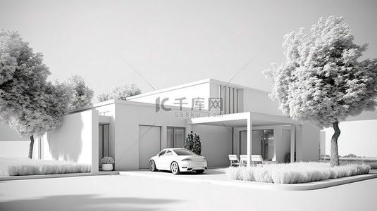 当代生活空间 3D 白色塑料房屋和花园，带单色可视化车库