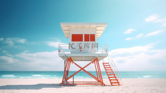夏日沙滩海洋背景图片_沙滩上阳光明媚的海滩救生塔特写视图的 3D 渲染
